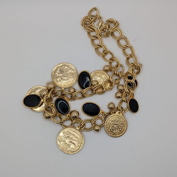 Coin Necklace Black Disc Charms Coin Dangles Charms Gold Tone Link Chain 24" - Picture 5 of 7